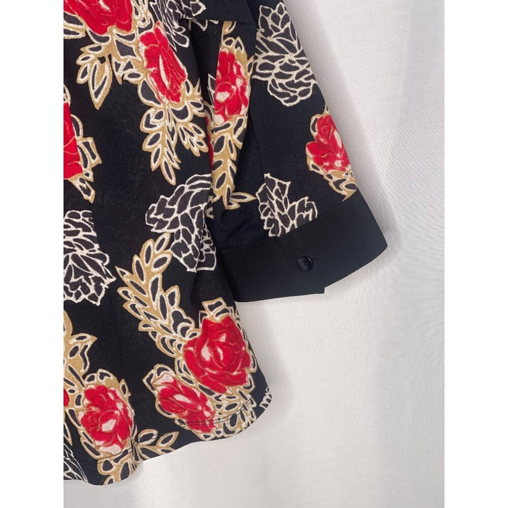 Elegant Kathy Che Womens Black Blouse With Red & Beige Floral Design Size 12 - Picture 3 of 4